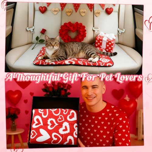 2 Pack Valentine Self Warming Cat Mats Red White Heart Reflects Body Heat Self Heating Bed Machine Washable Thermal Pet Pad with Non Slip Bottom 18 x 24 Inch for Winter Indoor Kitten Dog Crate