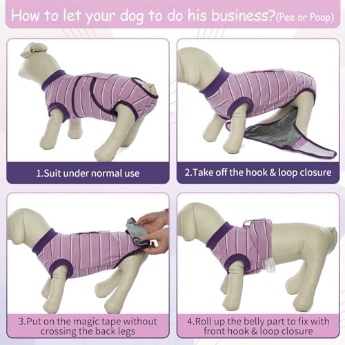 Kuoser Dog Surgery Recovery Suit, Soft Breathable Dog Recovery Suit for Female Spay Male Nueuter, Anti Licking Puppy Onesie Pet Surgical Suit for Dogs Abdominal Wounds Skin Disease, Purple Strips XL