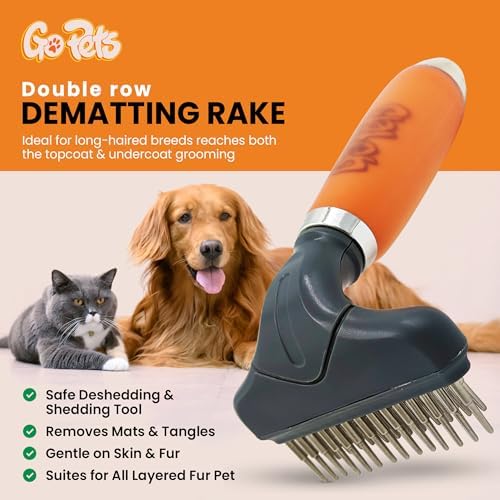 GoPets Double Row Dematting Rake Undercoat Deshedding Tool for Dogs & Cats