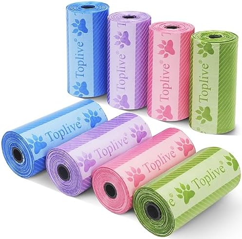 Toplive Dog Poop Bags Rolls, Pet Waste Bags, Extra Thick Strong Leak-Proof Dog Bag for Poop 8 Rolls (120 Bags), Assorted Colors with Cute Prints