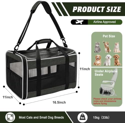 Cat Carriers Dog Pet Carrier for Small Cats Puppies(Up to 33lbs), 16.5x11x11 Inch Airline Approved Pet Carrier with Removable Wheels, Collapsible Travel Carrier with Shoulder Strap