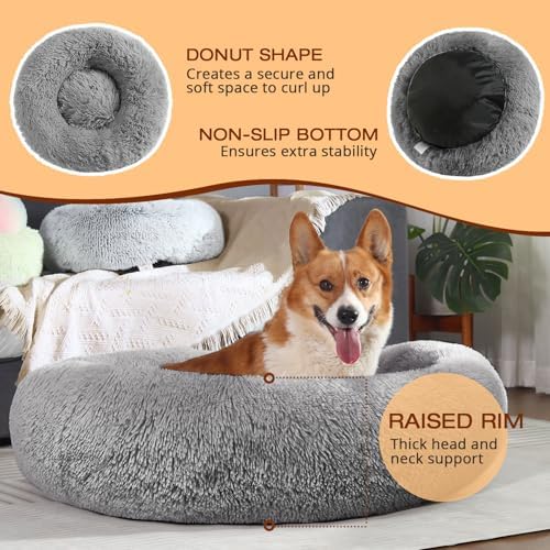 JOLLYVOGUE Dog Bed, Calming Anti-Anxiety Large Dog Bed, Fluffy Donut Cushion for Medium and Large Pets (27")