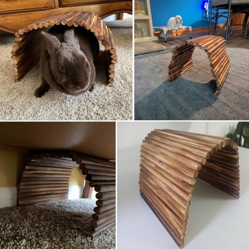 kathson Wooden Rabbit Hideout with Tunnel,Extra Large Bunny Bridge Guinea Pig Wood Ladder Flexible Hamster Ramp Small Animal Climbing Toys for Ferret Hedgehog Chinchillas and Other Rodents