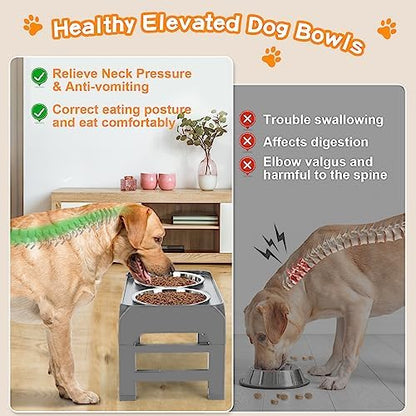 Elevated Bowls, 4 Height Adjustable Raised Stand With 2 Thick 50oz Stainless Steel Food Bowls, Non-Slip Feeder for Large Medium Dogs, Adjusts to 3.7", 9.2", 10.75", 12.36" Grey