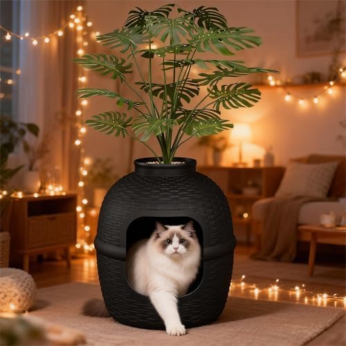 FansaFurn Large Cat Litter Box, Hidden Litter Box with Faux Plant, Heavy Duty Litterbox Enclosure Furniture with Rattan Pattern, PP Cat Box Enclosure Furniture for Living Room, Bedroom, Black