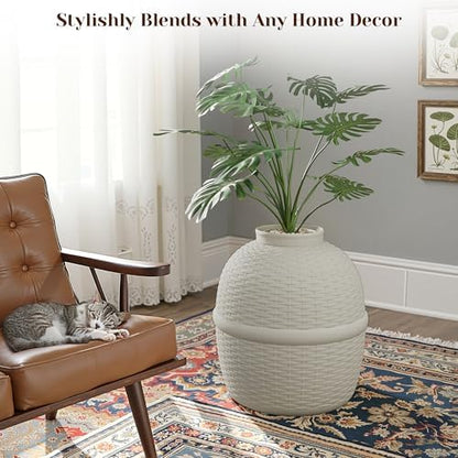 FansaFurn Hidden Litter Box with Faux Plant, Large Cat Litter Box with Rattan Pattern, Heavy Duty PP Material Litter Box Enclosure Furniture for Home Decor, Light Grey