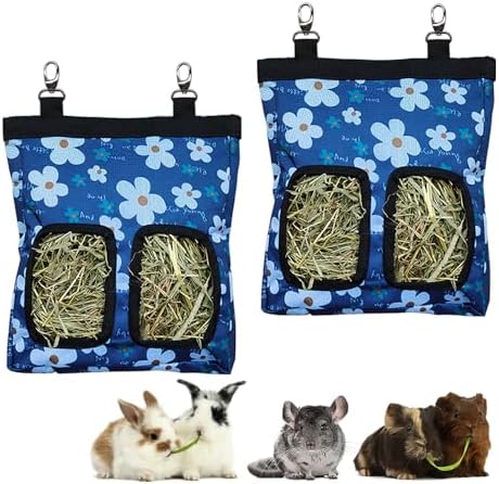 RIOUSSI Guinea Pig Hay Feeder, Hanging Rabbit Hay Feeder Bag.BlueFlower,2Ct