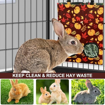 JarThenaAMCS 2 Pcs Fall Rabbit Hay Feeder Bag with 2 Holes 11.5 x 9 Inch Maple Leaves Pumpkin Guinea Pig Hanging Hay Feeding Bag Storage Dispenser for Autumn Hamster Bunny Small Animal Pet