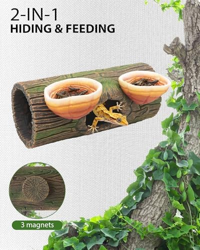 REPTITRIP 2 in 1 Magnetic Crested Gecko Hide, Reptile Hideout & Water Dish Food Bowl, Resin Hollow Log Cave, Reptile & Amphibian Habitat Hideouts