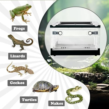 PINVNBY Plastic Reptile Feeding Box with Wheels,Reptiles Breeding Enclosure Cages Transparent Amphibians Habitat Terrarium Tank Portable Transport Container for Lizard,Bearded Dragon(Black)