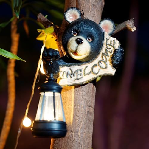 Fairy Garden Statues,Fairy Garden House with Solar Powerd Night Light,Yard Decorations Outdoor Fairy Garden Accessories Decor for Outside (Bear Holding lamp)