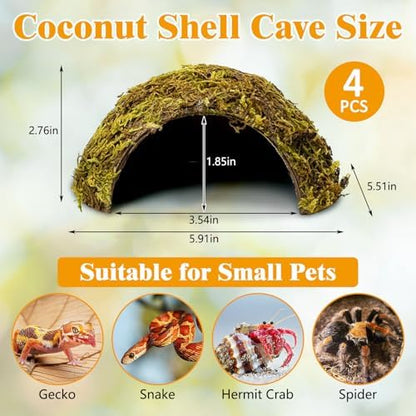 PINVNBY 4 Pack Natural Green Moss Hide Caves Coconut Reptile Hideouts Hamster Climbing Toys Gecko Habitat Decor Lizard Shell Shelter for Snake Tarantulas Turtle Chameleon