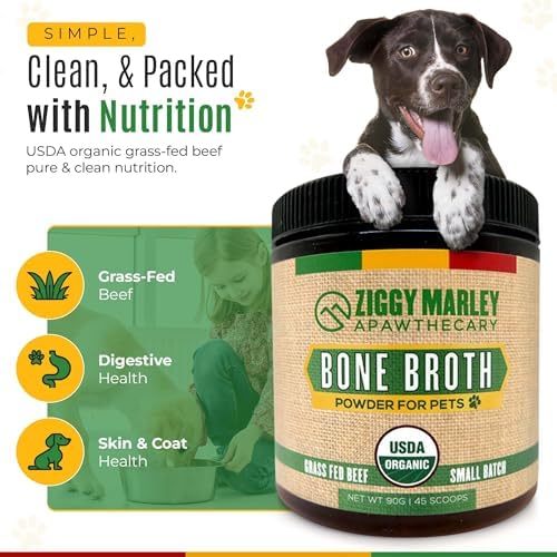 Ziggy Marley's USDA Organic Beef Bone Broth Powder for Dogs & Cats - Support Joints, Coat, and Skin - Human Grade Grass Fed Beef, 90 Grams