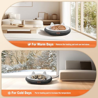 Heated Cat Bed for Small Size Cats, Heated Pet Bed with Timer & Temp Adjustable, Removable Waterproof Pet Heating Pad for Indoor, Gray Cozy Donut Electric Bed Heater Warmer for Kitten Cat