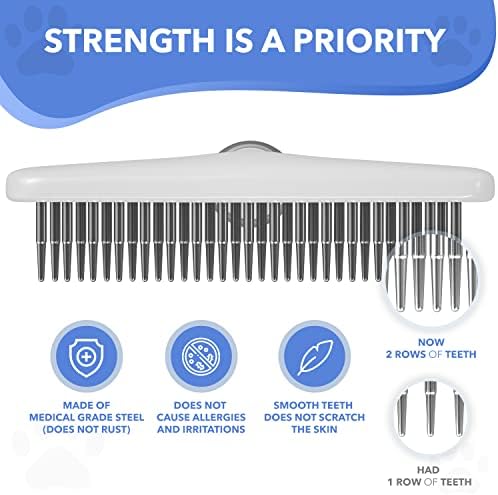 Dog rake deshedding dematting Brush Comb - Undercoat rake for Dogs, Cats, matted, Short,Long Hair Coats - Brush for Shedding, Double Row Stainless Steel pins - Reduce Shedding by 90% (White)