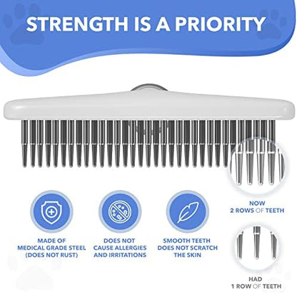 Dog rake deshedding dematting Brush Comb - Undercoat rake for Dogs, Cats, matted, Short,Long Hair Coats - Brush for Shedding, Double Row Stainless Steel pins - Reduce Shedding by 90% (White)