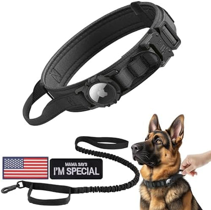 Tactical AirTag Dog Collar Leash Set - Heavy Duty, Adjustable GPS Collar