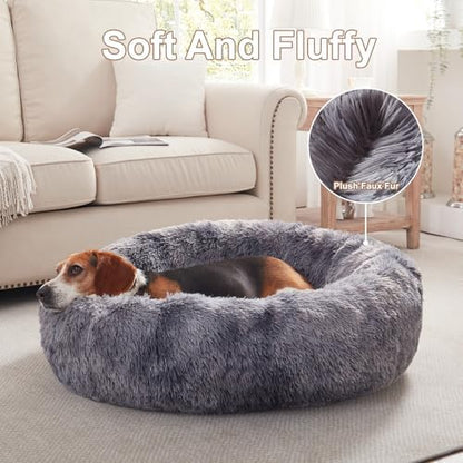 33 in Faux Fur Donut Dog Bed for Medium Plus Dogs,Tie-dye Grey