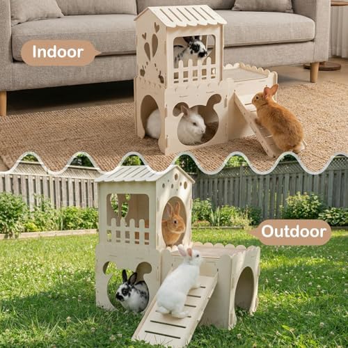 Extra Large Rabbit Castle, Wooden Bunny House & ,Detachable Rabbit Hideaway, Indoor Hamster Castle with Ramp, Small Animal Houses & Habitats for Guinea Pig Chinchilla Ferret(3 House with Sisal Mat)