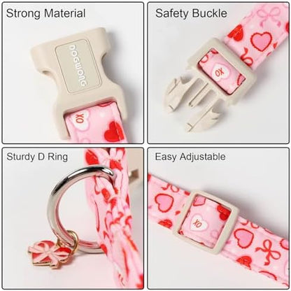 DOGWONG Valentine's Day Dog Collar-Cute Pink Bow Heart Pattern Dog Collars, Adjustable Valentine Heart Pet Collars Puppy Collar with Quick Release Buckle for Girl&Boy Dogs,S