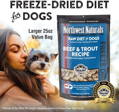 Northwest Naturals Freeze-Dried Beef & Trout Dog Food - Bite-Sized Nuggets - Grain-Free, High-Protein, Raw Diet, Human-Grade Ingredients, All Natural, Omega-3 for Skin & Coat, Made in USA, 25 Oz