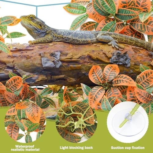 QUOZUO 2 Pack Reptile Plants, Artificial Hanging Plants with Suction Cups, Habitat Decor Plastic Vines Decorations for Bearded Dragons Lizards Snake Geckos Frogs -Gold