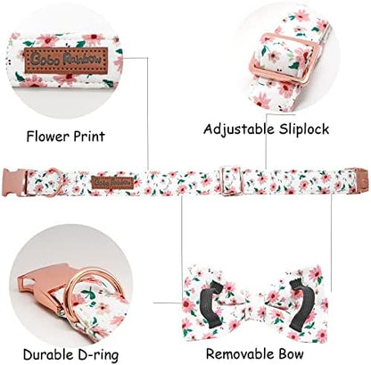 Dog Collar - Pink Floral Pet Collar Bows for Dogs Bowtie Adjustable Spring Summer Puppy Collar Gift for Medium Small Large Dogs