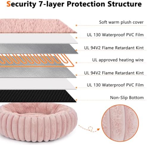 INVENHO Heated Cat Beds for Indoor Cats and Small Dogs, 24" Cozy Donut Heated Pet Bed with Timer & Temp Adjustable, Removable Waterproof Electric Warming Bed for Indoor Cat