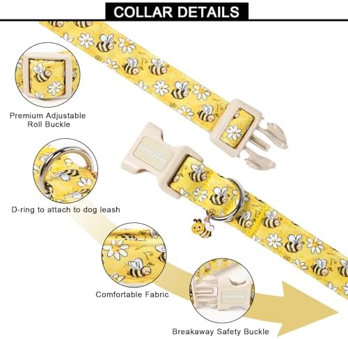 Lionet Paws Spring Dog Collar- Cute Bees Yellow Dogs Collar with Plastic Buckle and Bee Pendant,Dog Collar for Small Dogs