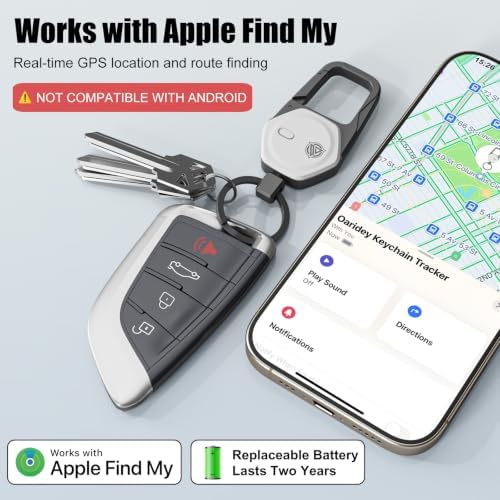 Oaridey Keychain, Works with Apple Find My, Carabiner Car Key Chain with GPS Tracker, Heavy Duty Key Finder for Luggage, Bags, Anti-Lost Key Tracker with 2-Year Battery Life, High-Precision, White