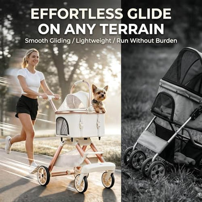 All-Terrain Pet Stroller for Small Medium Dogs & Cats, 20 lbs Capacity - Portable Carrier with One-Touch Brake, Lightweight Foldable Design & Shock Absorption Wheels,Beige