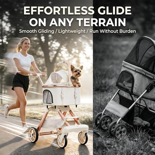 All-Terrain Pet Stroller for Small Medium Dogs & Cats, 20 lbs Capacity - Portable Carrier with One-Touch Brake, Lightweight Foldable Design & Shock Absorption Wheels,Pink