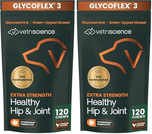 VetriScience Extra Strength Healthy Hip&Joint Chews,GlycoFlex 3,Glucosamine,Green-Lipped Mussel,Joint Support Supplement for Dogs,Promote Mobility&Soothe-Joint Discomfort,Chicken,120 Count (Pack of 2)