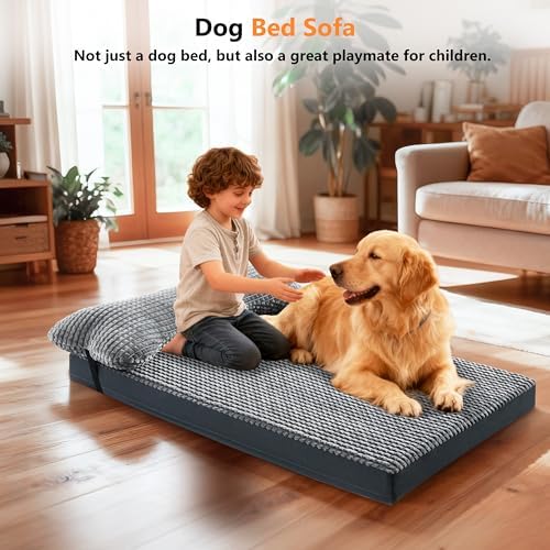KISYYO Orthopedic XL Dog Beds for Extra Large Dogs with Removable Washable Cover and Removable Pillow for Crate,Waterproof Extra Large Dogs Mat, Grey, 41x27