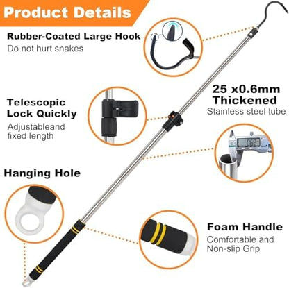 Snake Hooks, Stainless Steel Snake Hook Extendable Handled Desigh for Removling Large or Small Snakes and Reptiles Rattlesnakes Python Copperhead Stainless Steel Handle 35"-65"