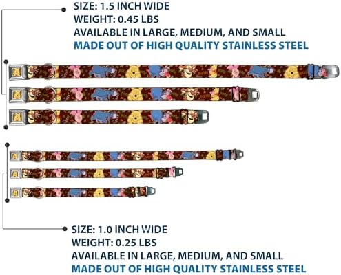 Dog Collar Seatbelt Buckle Mickey Mouse Expressions Close Up Black White 16 to 23 Inches 1.5 Inch Wide | Winnie The Pooh Character Poses Durable Metal Adjustable ID Tag Ring