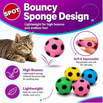 SPOT Sponge Soccer Ball Cat Toys for Cats and Kittens - Interactive and Colorful Plush Toy, Fun to Bat and Chase, Keep Cats Entertained - 1.5" Assorted 4-Pack