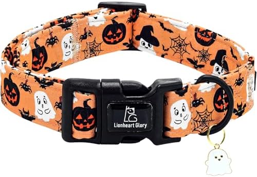 Lionheart glory Halloween Dog Collar-Pumpkin Ghosts Fall Dog Collars with Cute Ghost Pendant Soft Adjustable Collar for Large Dogs Girls Boys Collars Party Pet Gift