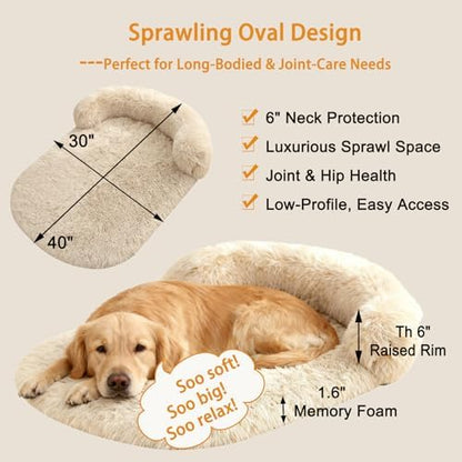 Orthopedic Dog Bed with Egg-Crate Base, Calming Dog Beds Fluffy Plush Faux Fur with Raised Edges, Spine Friendly Pet Sleeping Mat for Medium Large Dogs, Machine Washable (Oval, Beige 40"x30")