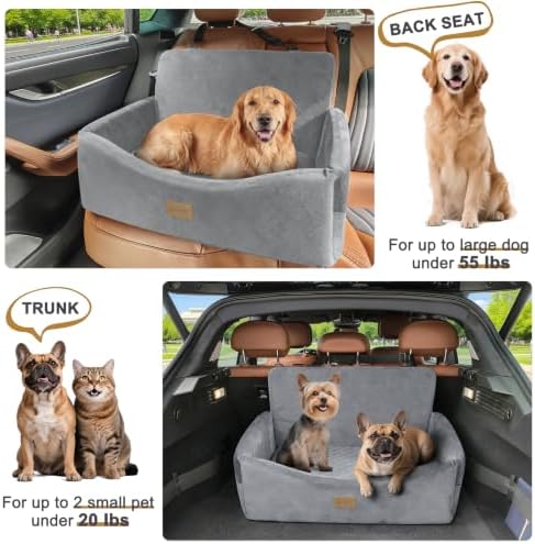 JOEJOY Dog Car Seat for Large Medium Sized Dogs Under 55 lbs, Dog Booster Seat for 2 Small Dogs with Detachable Washable Cover, Memory Foam Pet Car Seat with 2 Safety Belts and Storage Pockets