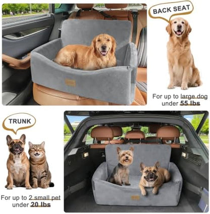 JOEJOY Dog Car Seat for Large Medium Sized Dogs Under 55 lbs, Dog Booster Seat for 2 Small Dogs with Detachable Washable Cover, Memory Foam Pet Car Seat with 2 Safety Belts and Storage Pockets