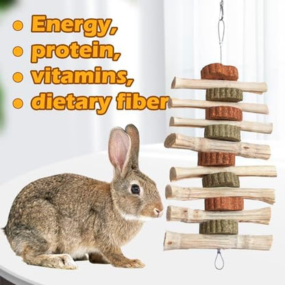 4 PCS Rabbit Chew Toys for Teeth Grinding, Delicious Bunny Cage Hanging Chew Toys, Natural Sweet Bamboo Chew Sticks and Timothy Grass Cake Hay Treats Maintaining Healthy Teeth for Rabbits