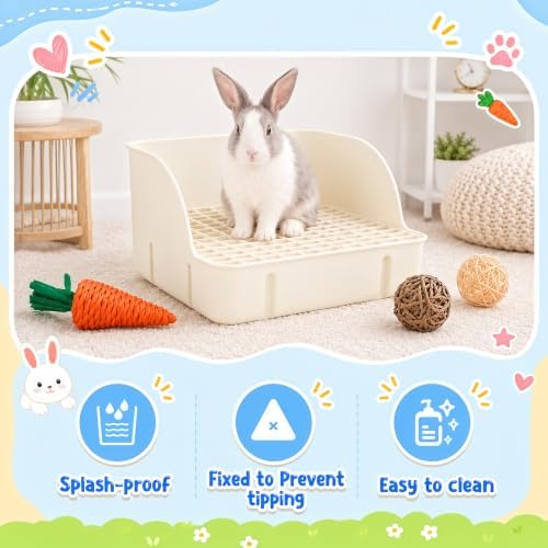 Reallnaive 15 Pcs Rabbit Starter Kit Small Rabbit Litter Box Girls Gift Animal Grooming Kit Bunny Toys Bowl Blankets with Cleaning Set for Guinea Pig Accessories(Cream White)