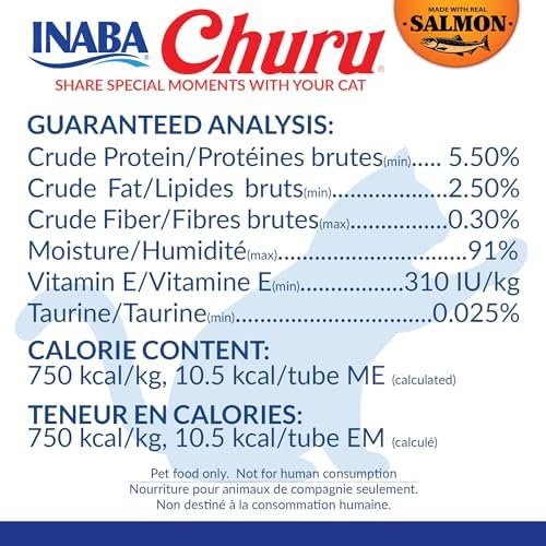INABA Salmon Churu Cat Treats, Lickable, Squeezable Creamy Purée Cat Treat with Green Tea Extract & Taurine, 0.5 Ounces Each Tube, 40 Tubes, Salmon Variety Box