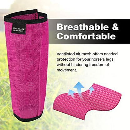Harrison Howard Loose Fitting Fly Boots UV-Protective Extra Tough Mesh Ventilated Four Fasteners Stay-on Design Protect Horse Legs & Stomp-Reducing Set of 4 Magenta Mini