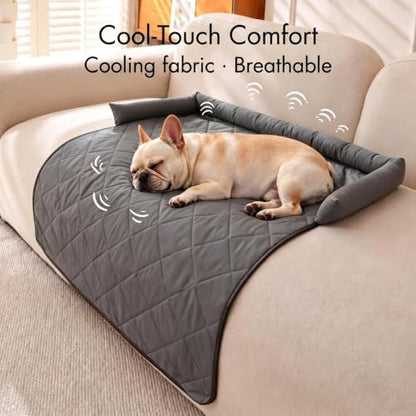 Cooling Dog Couch Bed with Head Support, Waterproof Sofa Cover, Grey, M