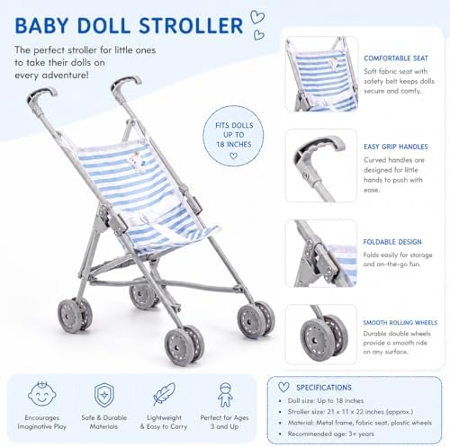 JC Toys Boutique | Folding Umbrella Doll Stroller for Children 2 Years Plus, Blue Stripes and Soft Embroidery | Sturdy Metal Frame | Pretend Play with Dolls up to 18” Long | Seat Belt