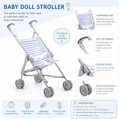 JC Toys Boutique | Folding Umbrella Doll Stroller for Children 2 Years Plus, Blue Stripes and Soft Embroidery | Sturdy Metal Frame | Pretend Play with Dolls up to 18” Long | Seat Belt