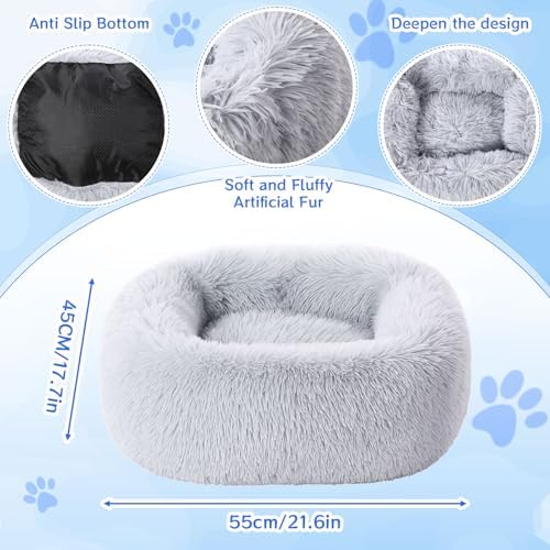 2-Pack Small Calming Dog & Cat Bed Anti Anxiety Fluffy Plush Pet Beds with Anti-Slip Bottom Machine Washable Interchangeable Pet Bed for Kittens & Puppies(Gray Series,21x16.5 Inch)