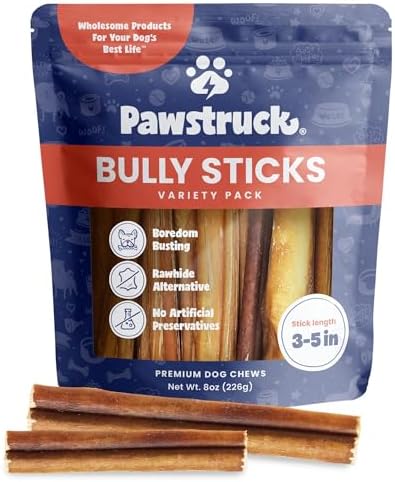 Pawstruck Natural 3–5" Bully Sticks for Small Dogs and Puppies – Single Ingredient, Low-Odor, Rawhide-Free Chew Treat – 100% Real Beef, No Artificial Preservatives – 8 oz Bag – Packaging May Vary